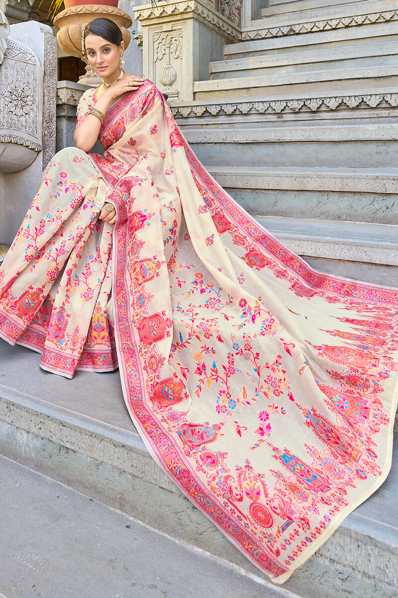 Gorgeous Beige Pashmina saree With Eclat Blouse Piece