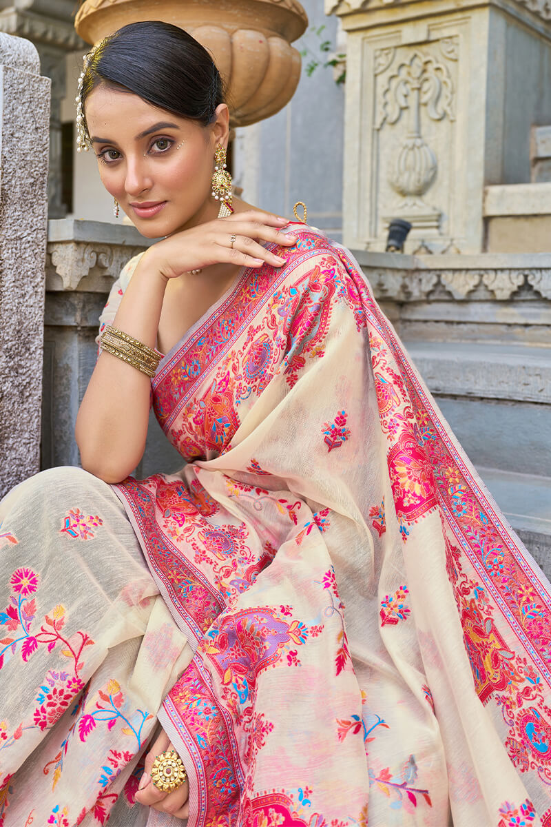 Gorgeous Beige Pashmina saree With Eclat Blouse Piece