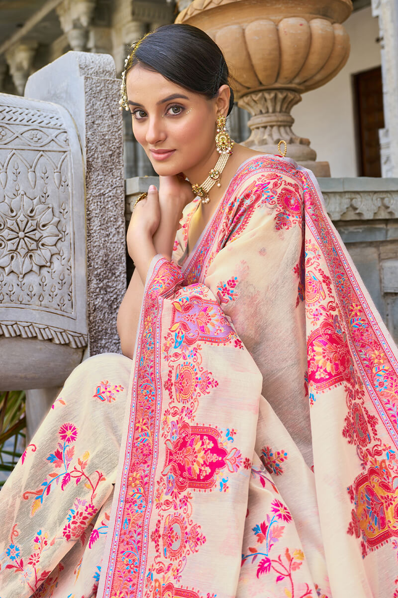 Gorgeous Beige Pashmina saree With Eclat Blouse Piece