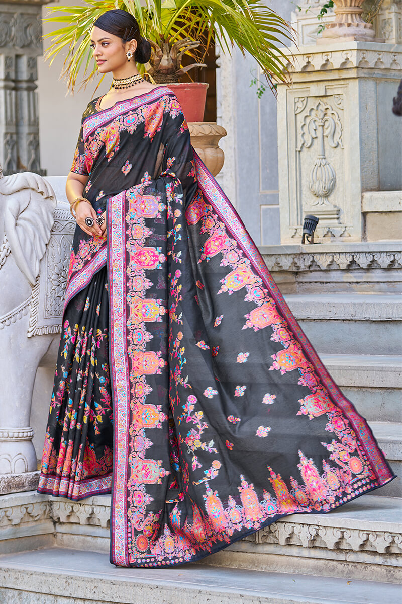 Sizzling Black Pashmina saree With Nebula Blouse Piece