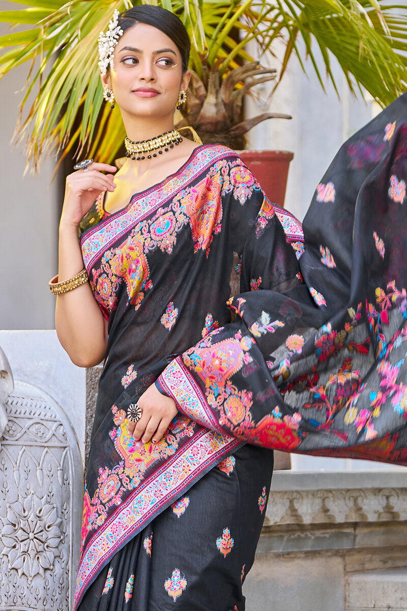 Sizzling Black Pashmina saree With Nebula Blouse Piece