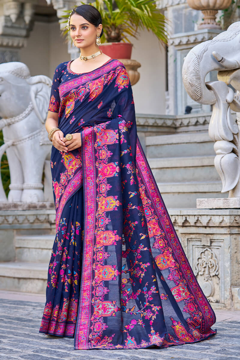 Impressive Navy Blue Pashmina saree With Ratatouille Blouse Piece