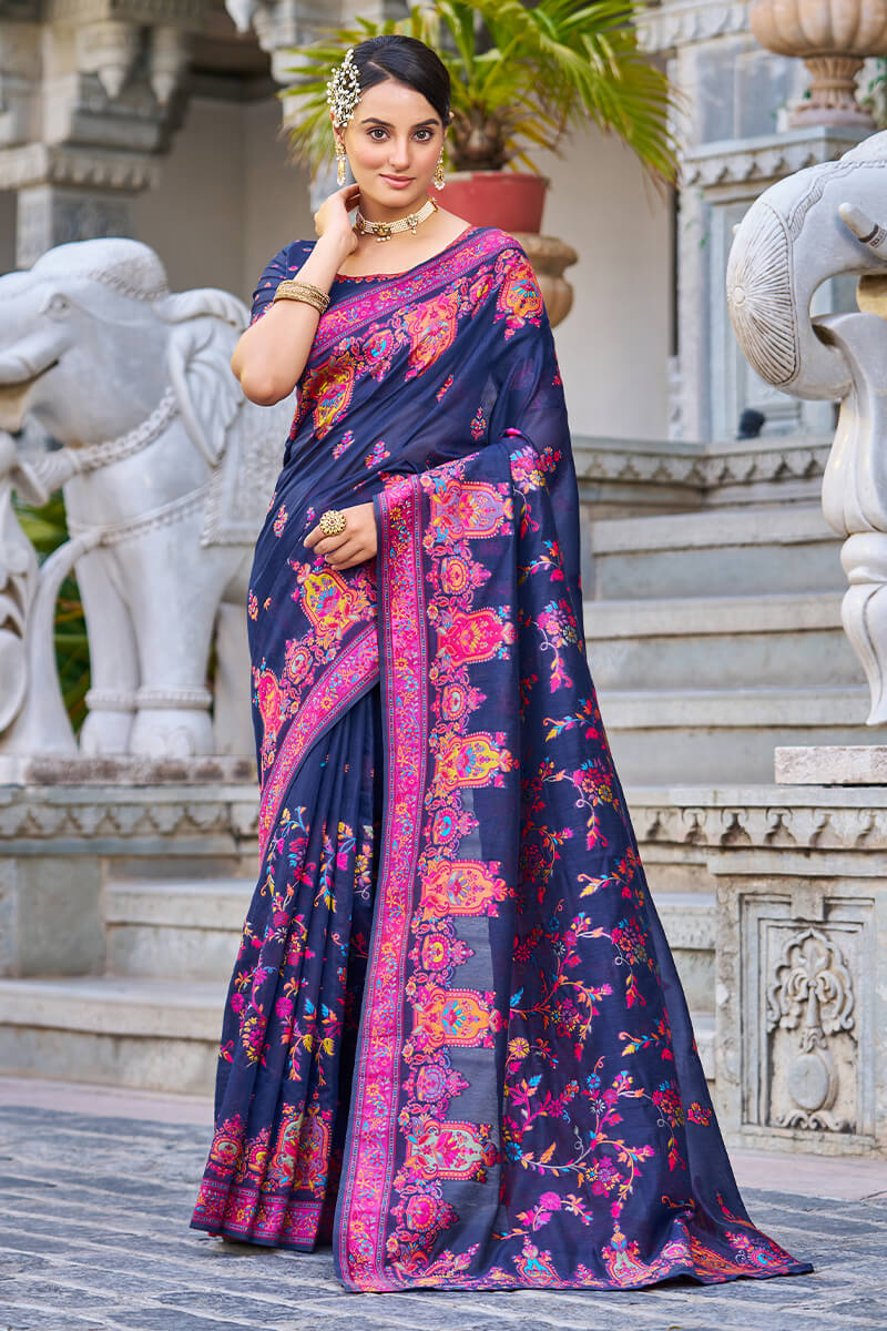 Impressive Navy Blue Pashmina saree With Ratatouille Blouse Piece