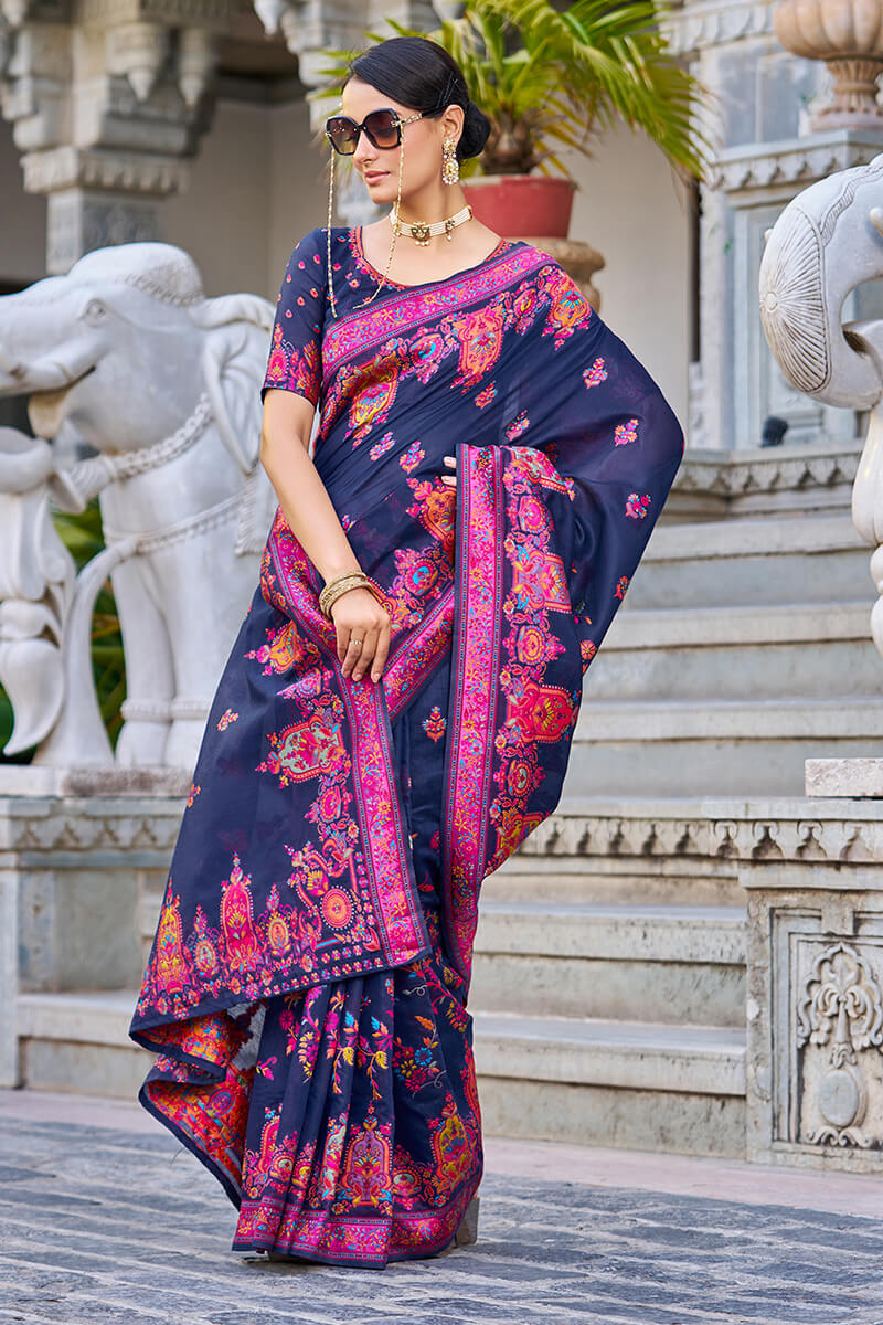 Impressive Navy Blue Pashmina saree With Ratatouille Blouse Piece