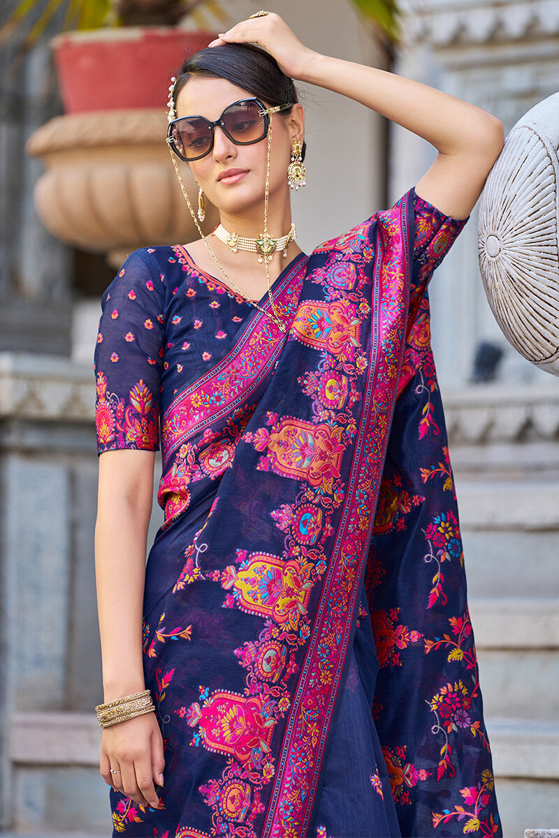 Impressive Navy Blue Pashmina saree With Ratatouille Blouse Piece