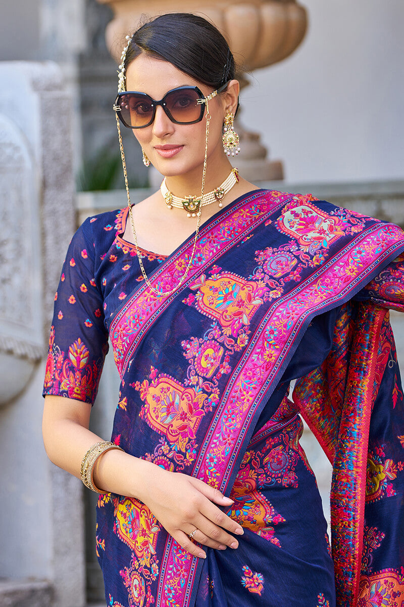 Impressive Navy Blue Pashmina saree With Ratatouille Blouse Piece