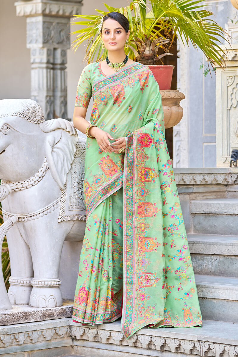 Flaunt Pista Pashmina saree With Tantalizing Blouse Piece