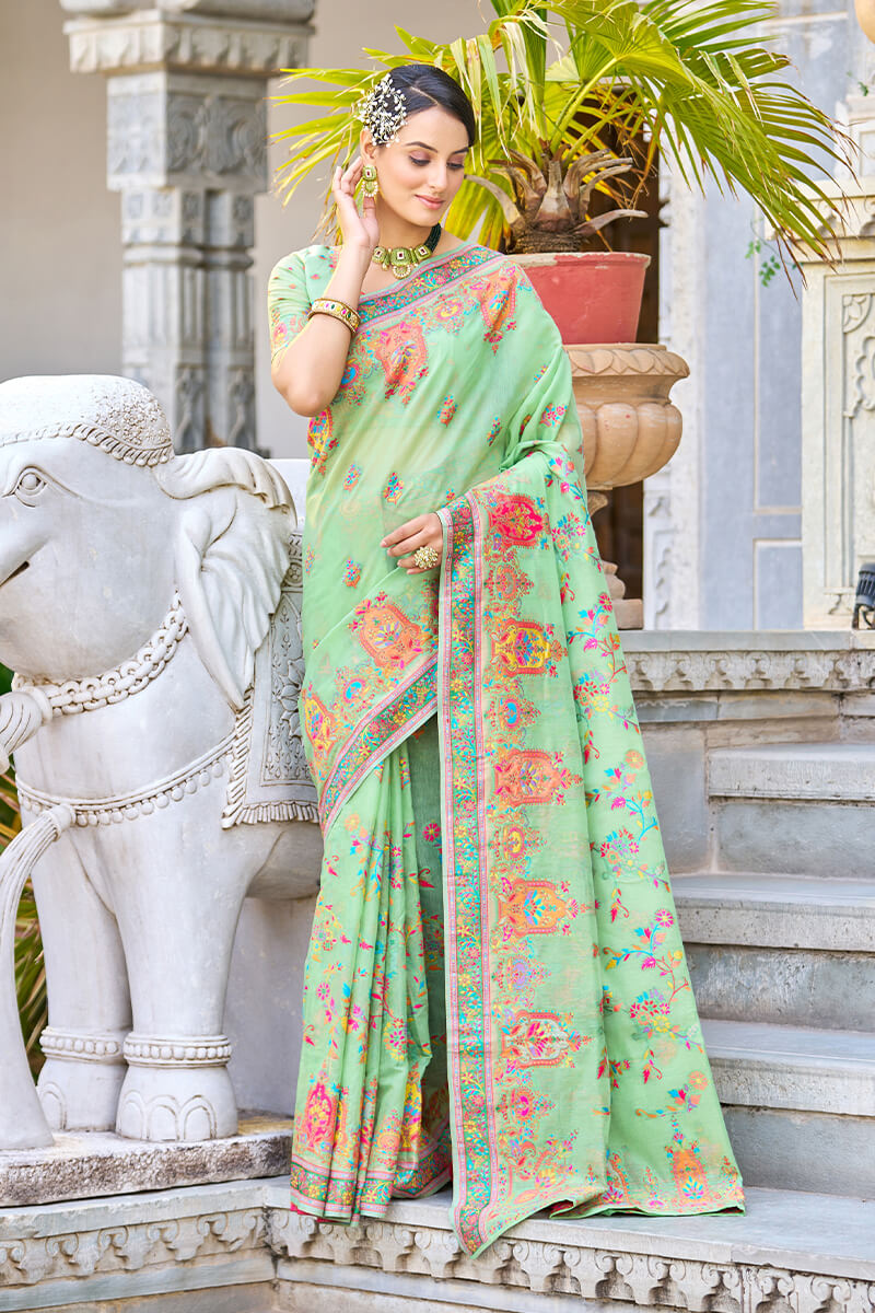 Flaunt Pista Pashmina saree With Tantalizing Blouse Piece