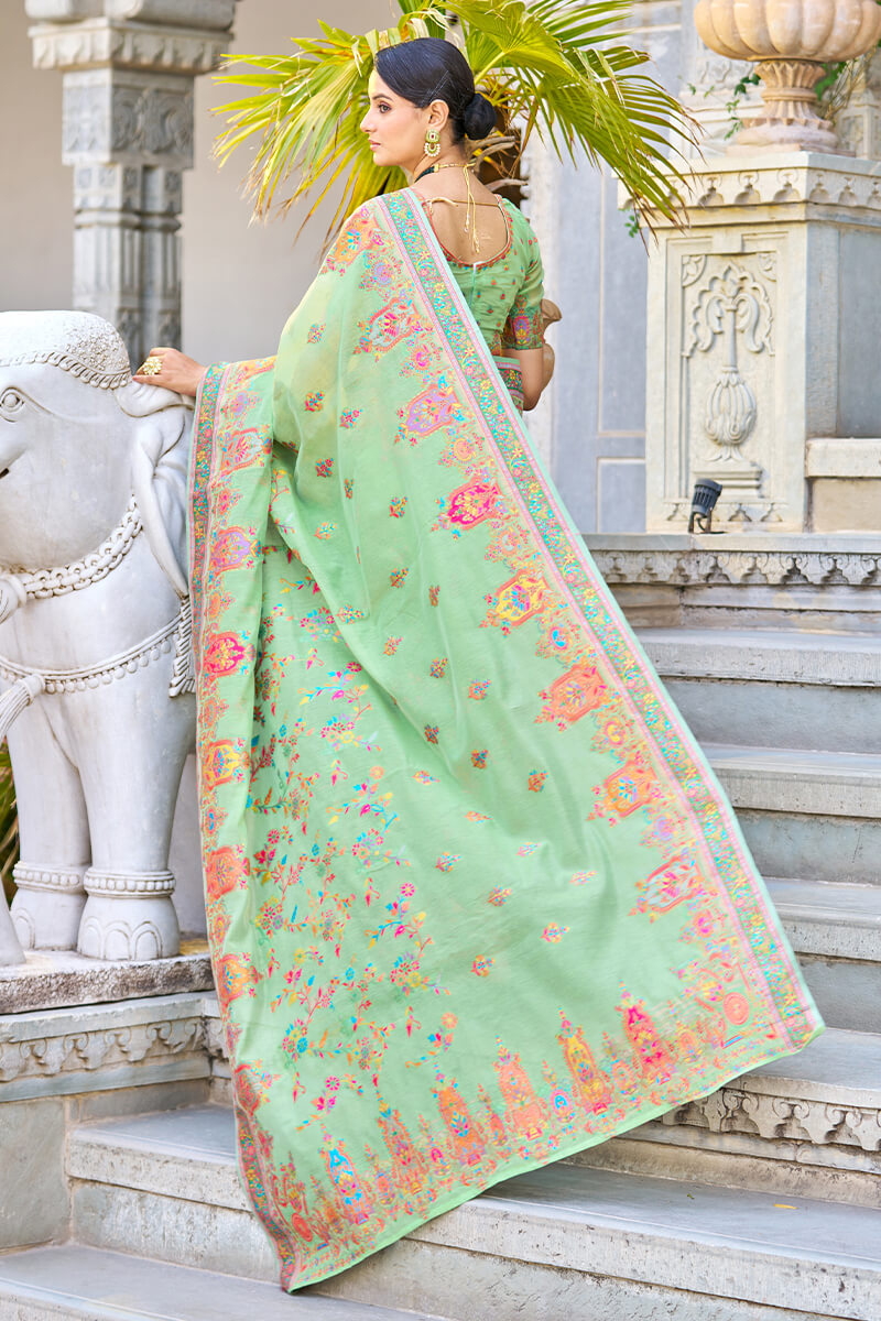 Flaunt Pista Pashmina saree With Tantalizing Blouse Piece