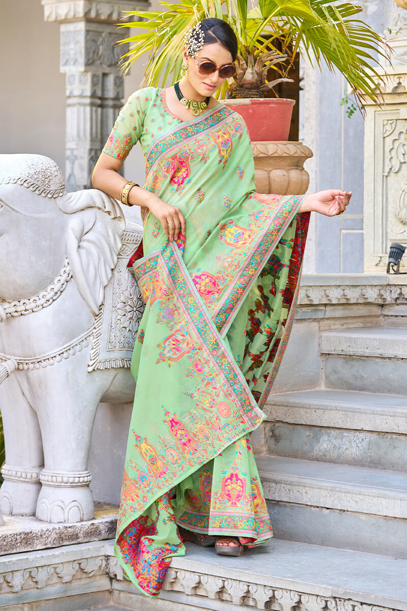 Flaunt Pista Pashmina saree With Tantalizing Blouse Piece