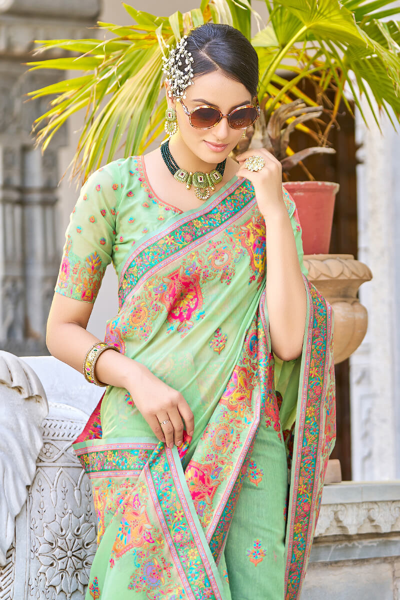 Flaunt Pista Pashmina saree With Tantalizing Blouse Piece