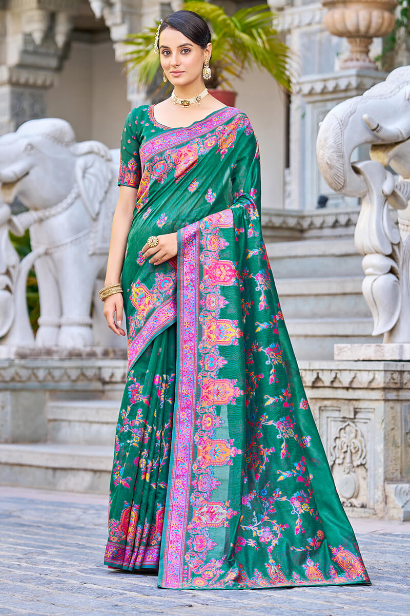 Refreshing Rama Pashmina saree With Grandiose Blouse Piece