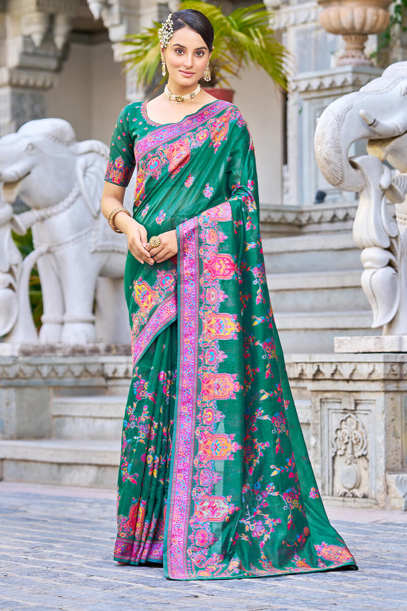 Refreshing Rama Pashmina saree With Grandiose Blouse Piece