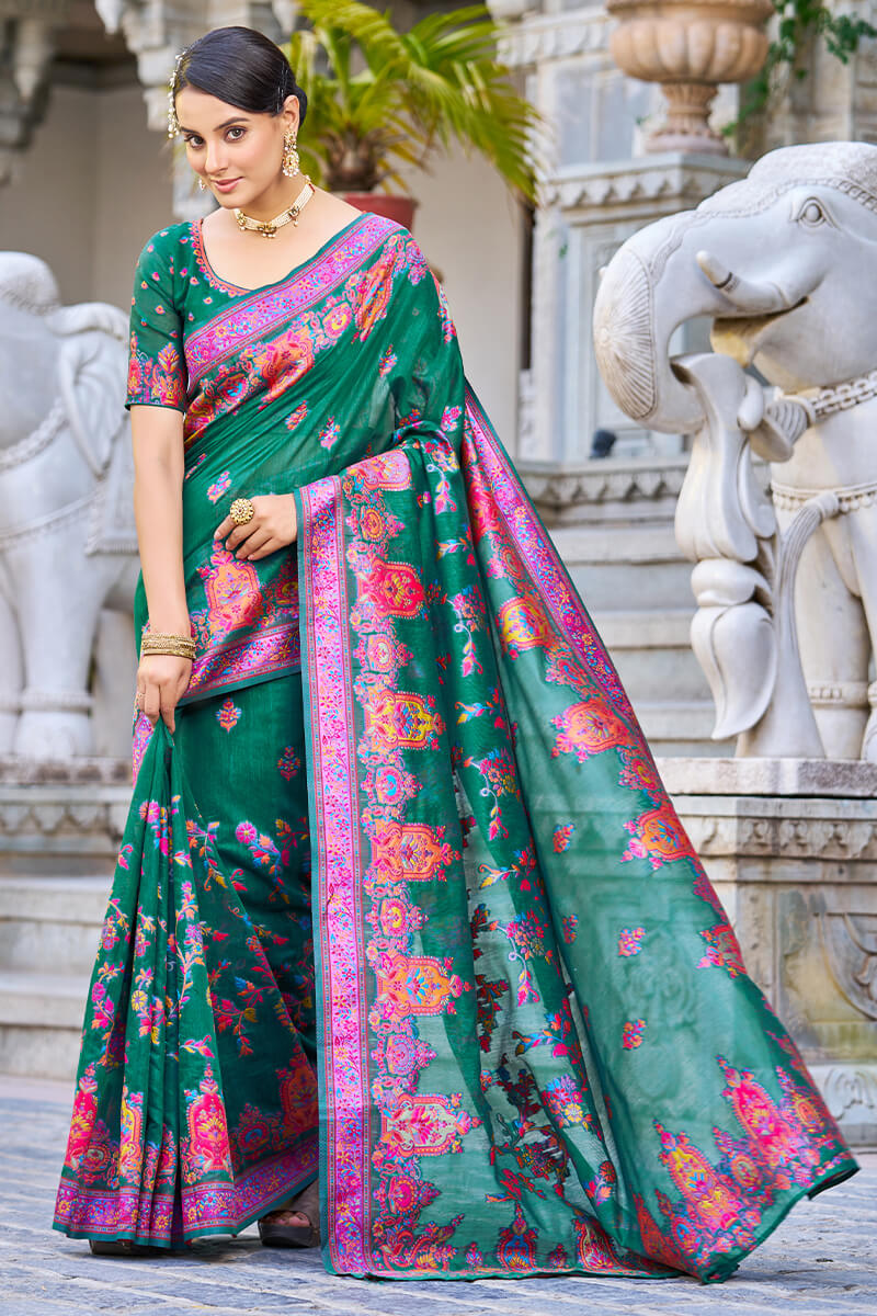 Refreshing Rama Pashmina saree With Grandiose Blouse Piece