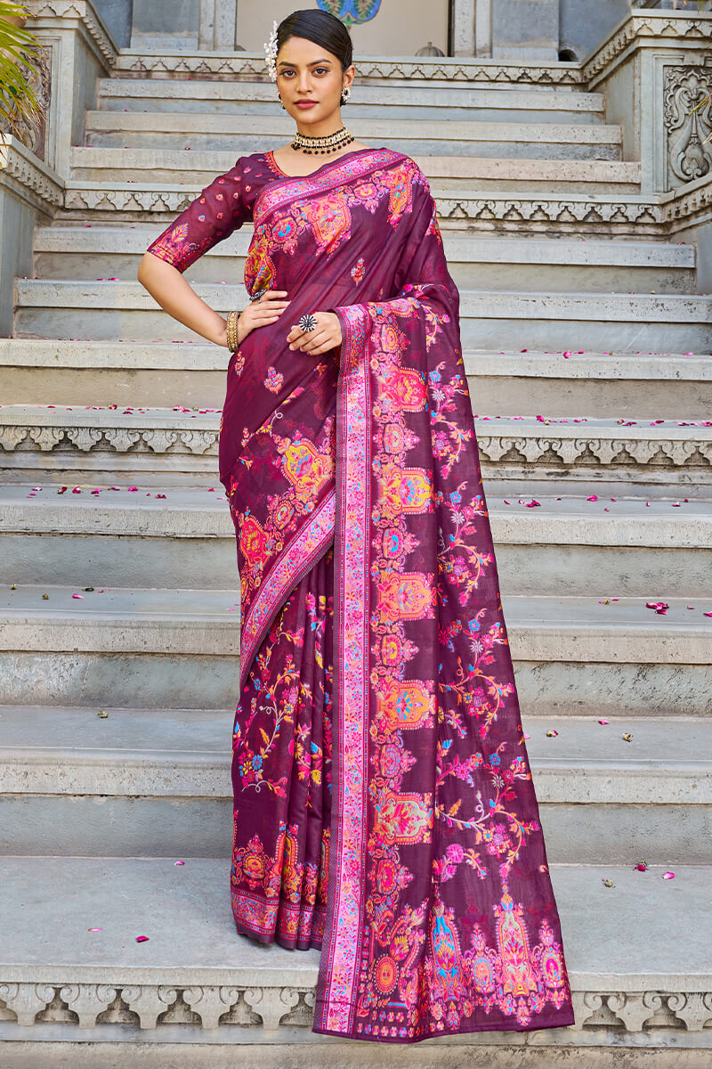 Attractive Wine Pashmina saree With Ephemeral Blouse Piece