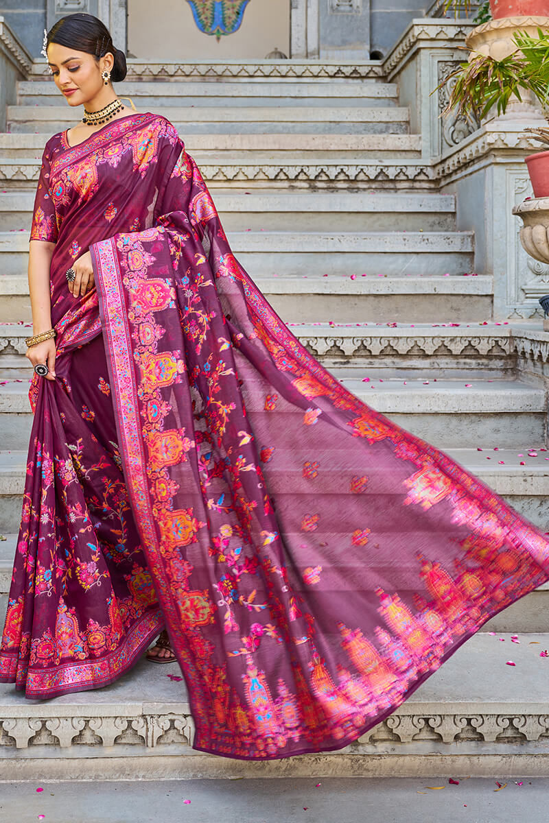 Attractive Wine Pashmina saree With Ephemeral Blouse Piece