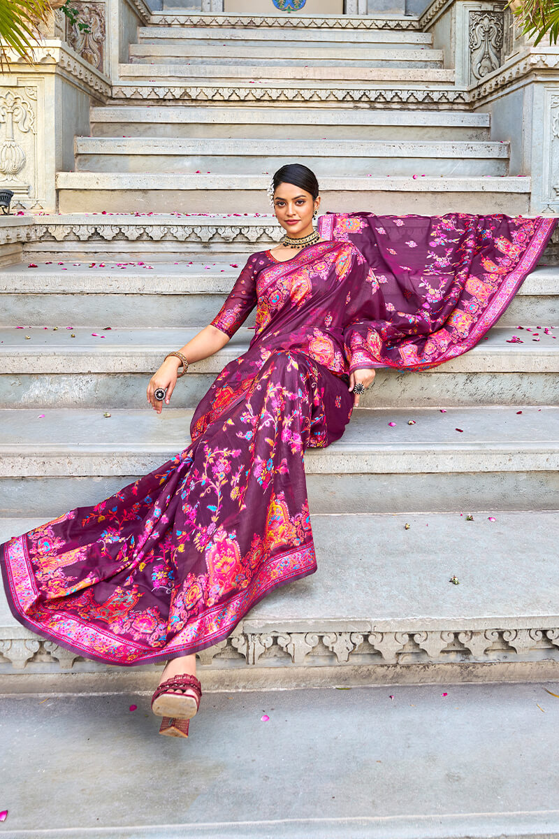 Attractive Wine Pashmina saree With Ephemeral Blouse Piece