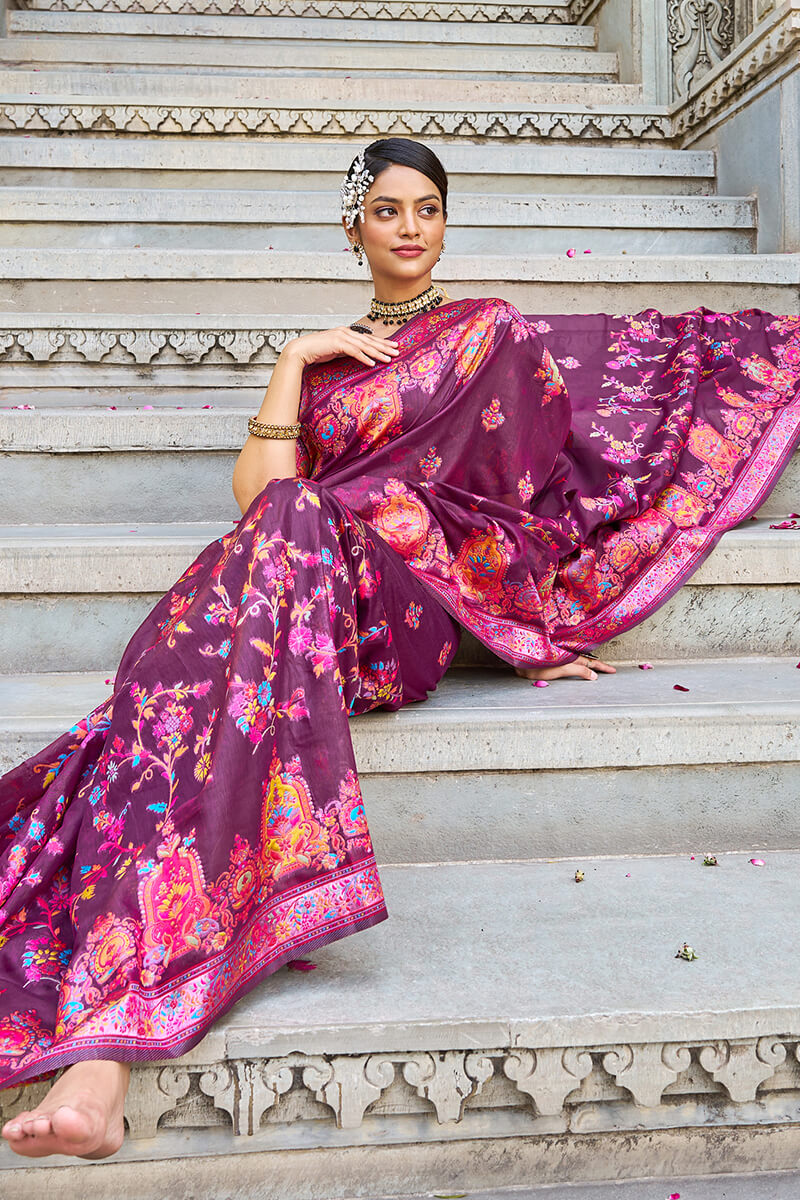 Attractive Wine Pashmina saree With Ephemeral Blouse Piece