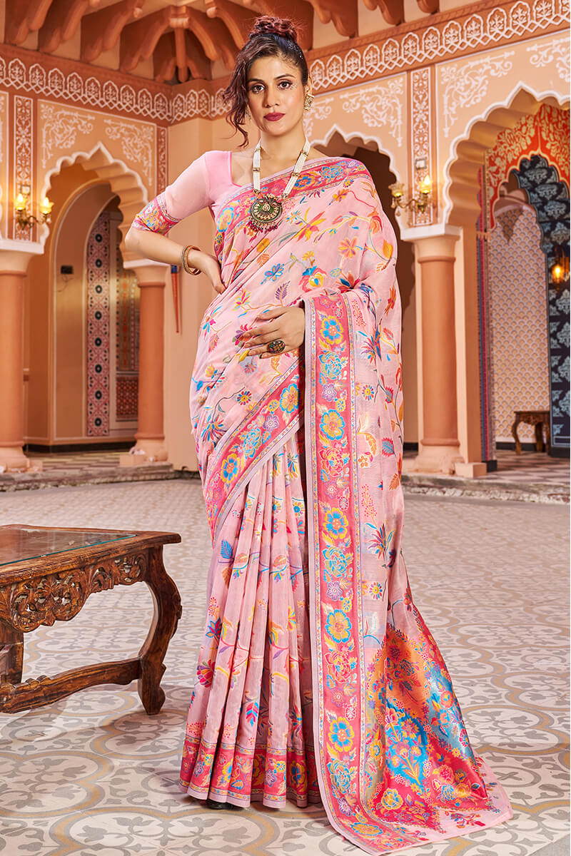 Splendiferous Baby Pink Linen Silk Saree With Efflorescence Blouse Piece