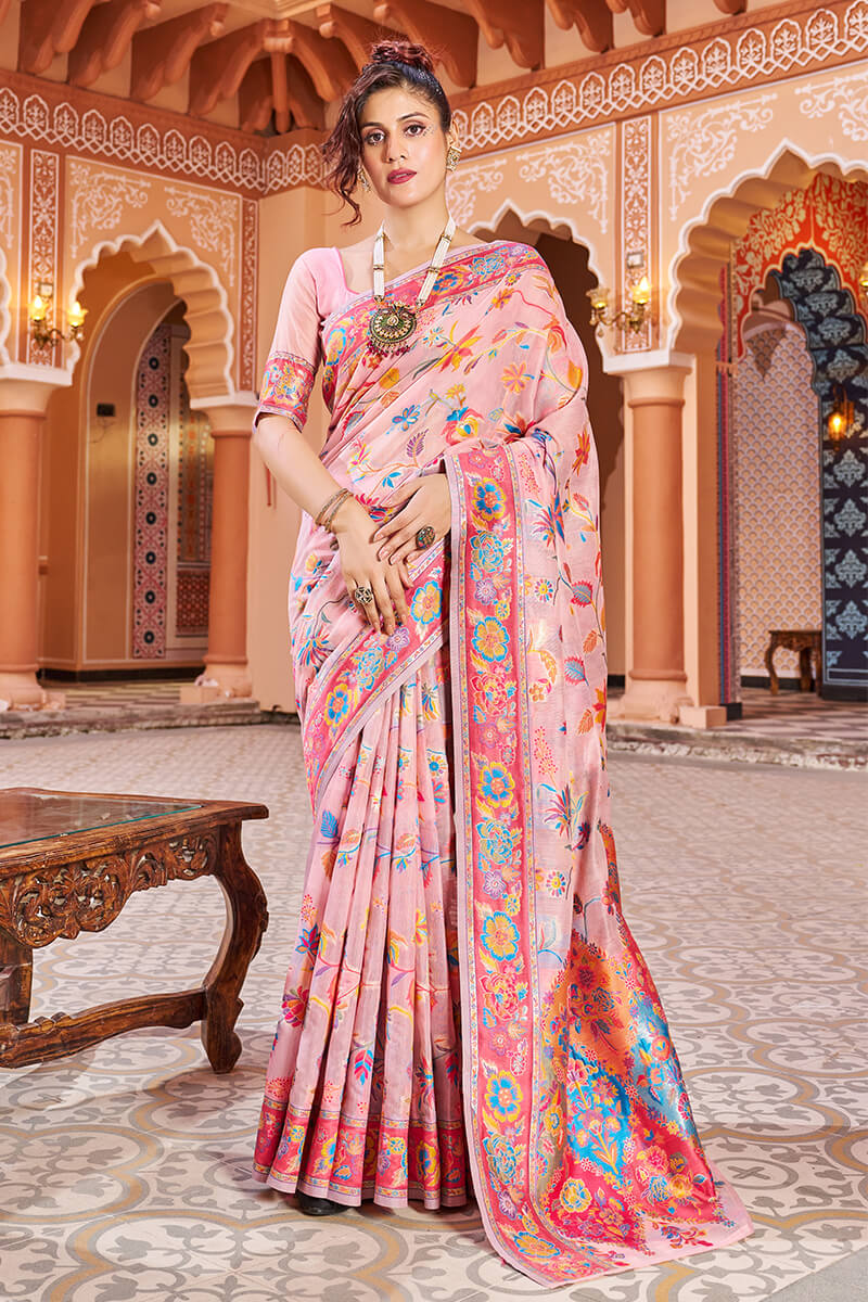 Splendiferous Baby Pink Linen Silk Saree With Efflorescence Blouse Piece