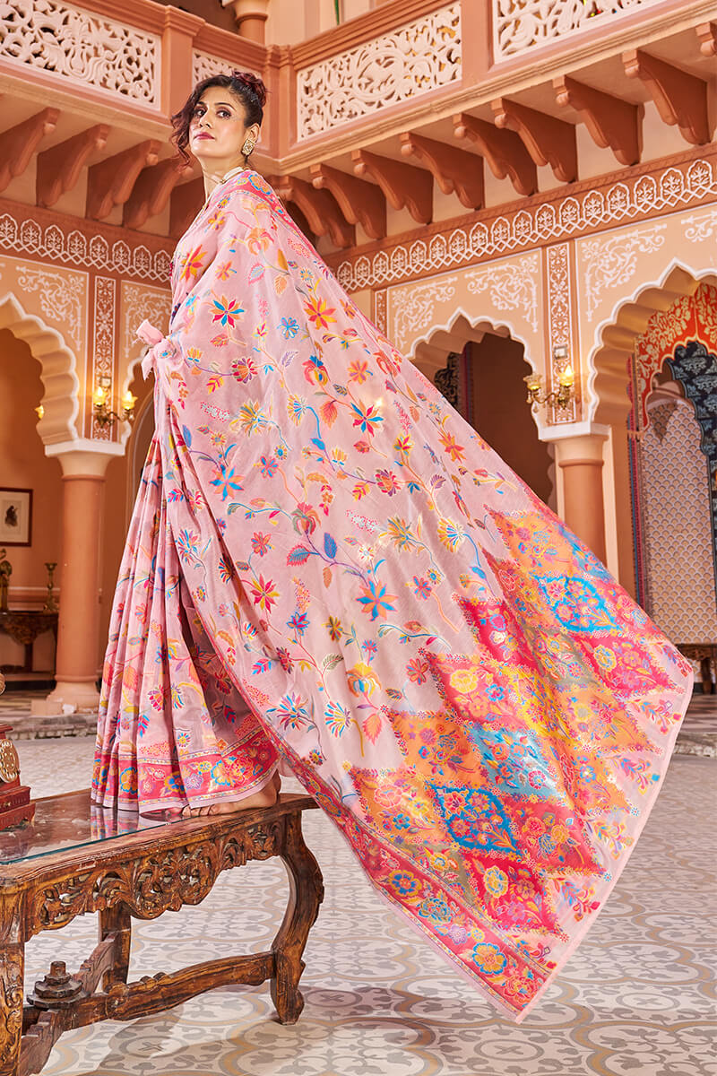 Splendiferous Baby Pink Linen Silk Saree With Efflorescence Blouse Piece