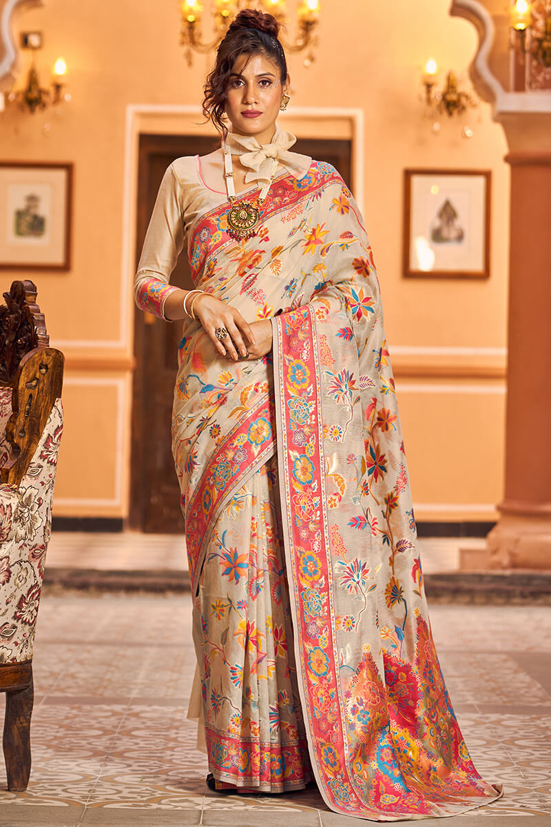 Assemblage Beige Linen Silk Saree With Enthralling Blouse Piece