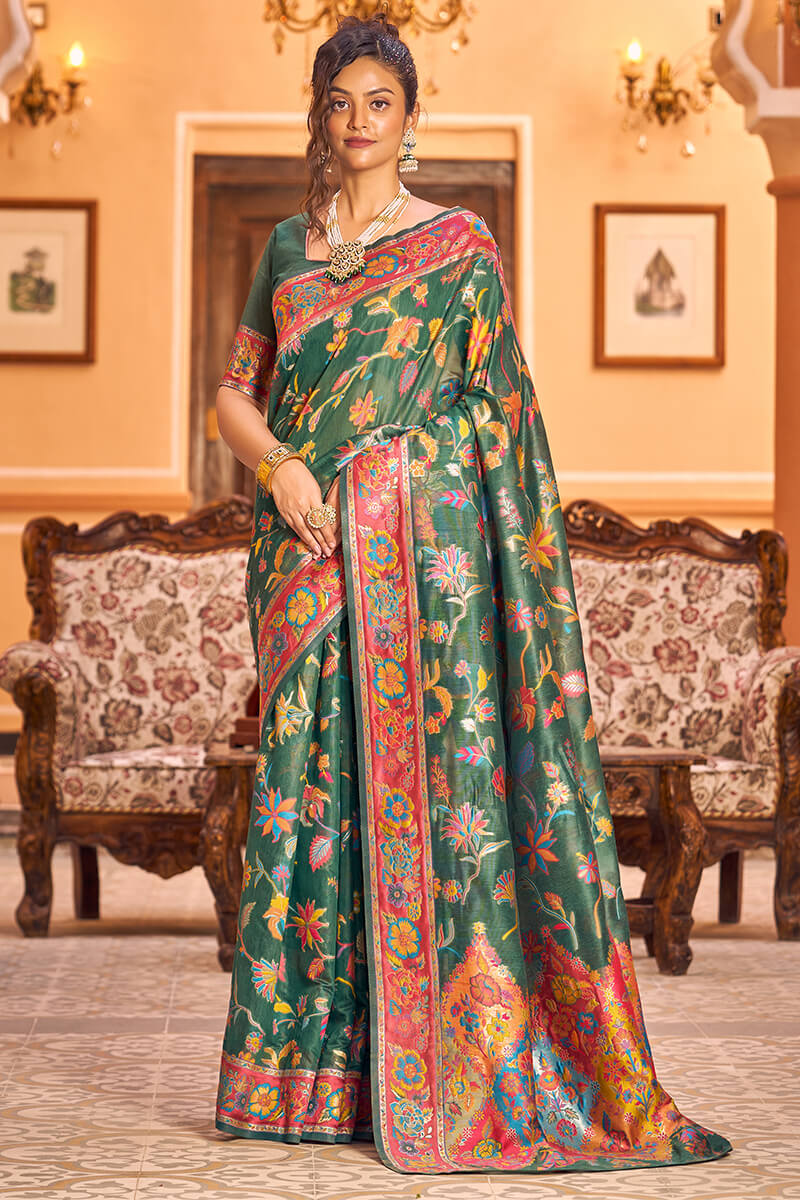 Amiable Dark Green Linen Silk Saree With Eloquence Blouse Piece