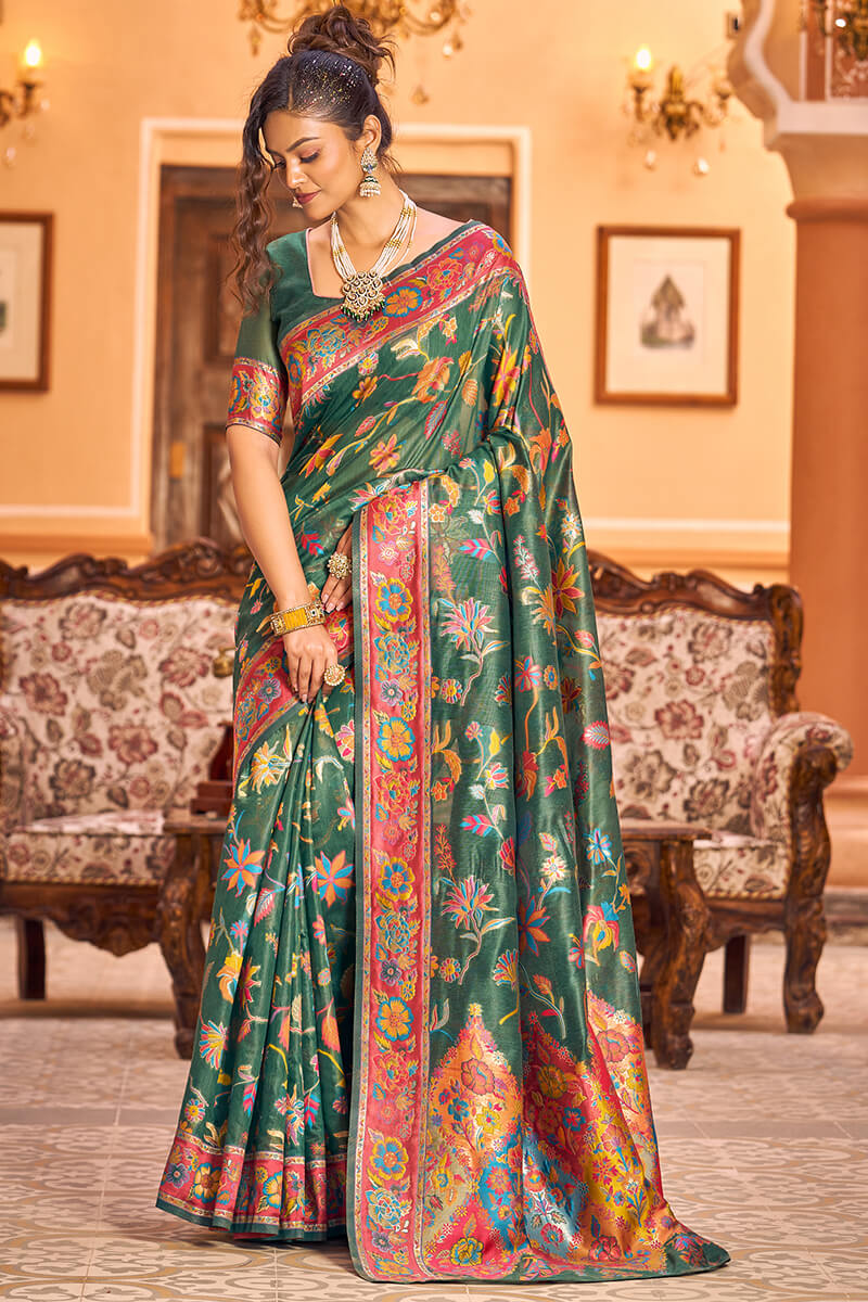 Amiable Dark Green Linen Silk Saree With Eloquence Blouse Piece