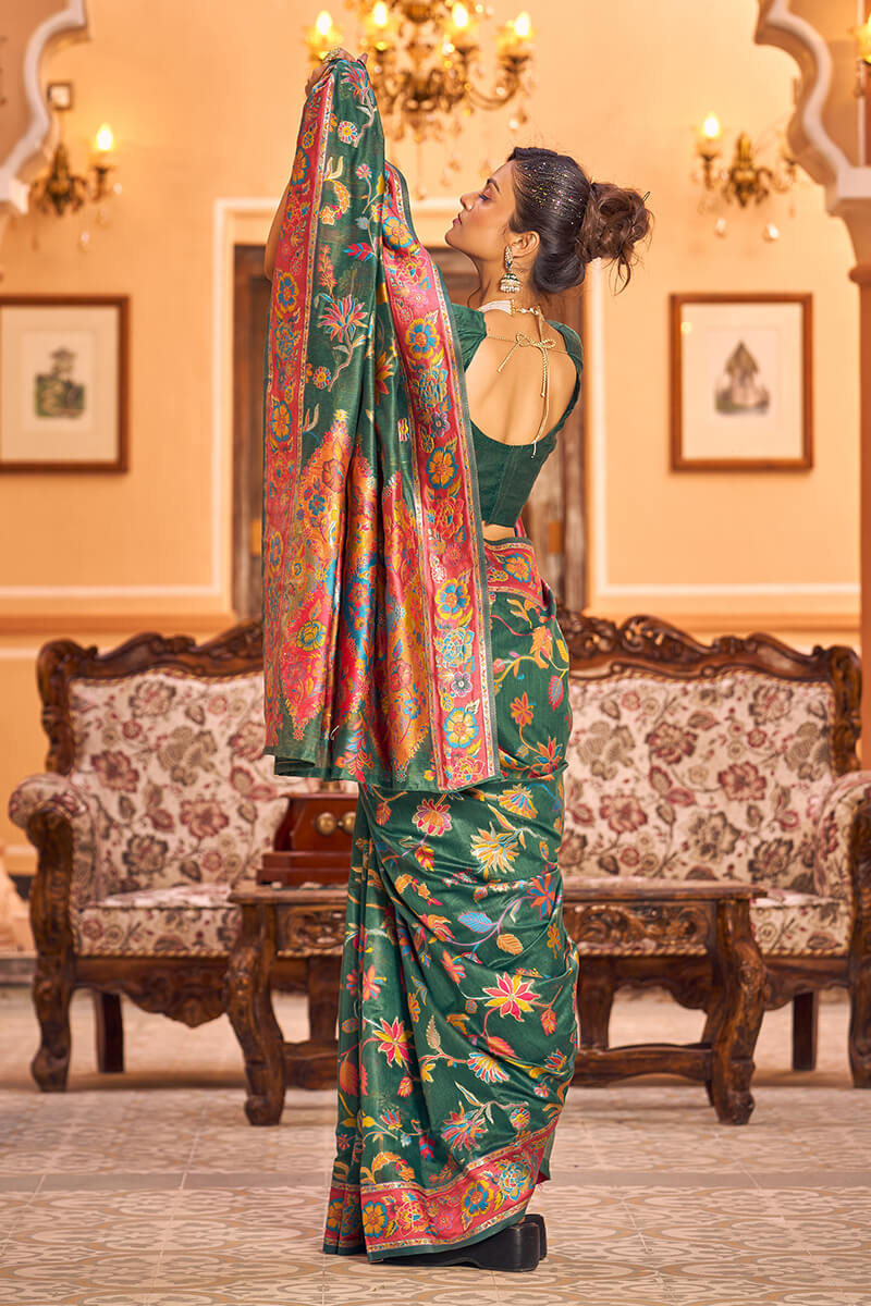 Amiable Dark Green Linen Silk Saree With Eloquence Blouse Piece