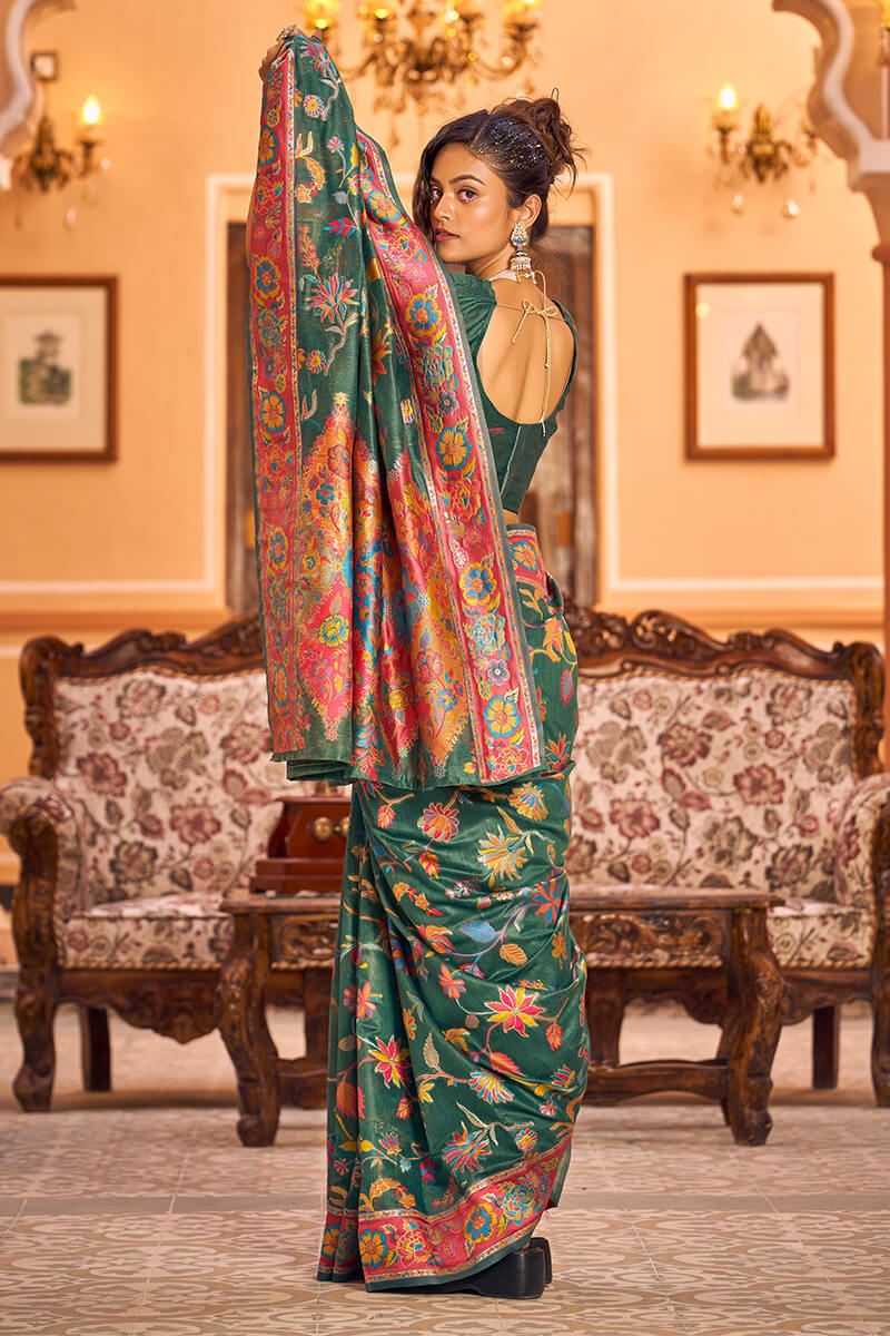 Amiable Dark Green Linen Silk Saree With Eloquence Blouse Piece