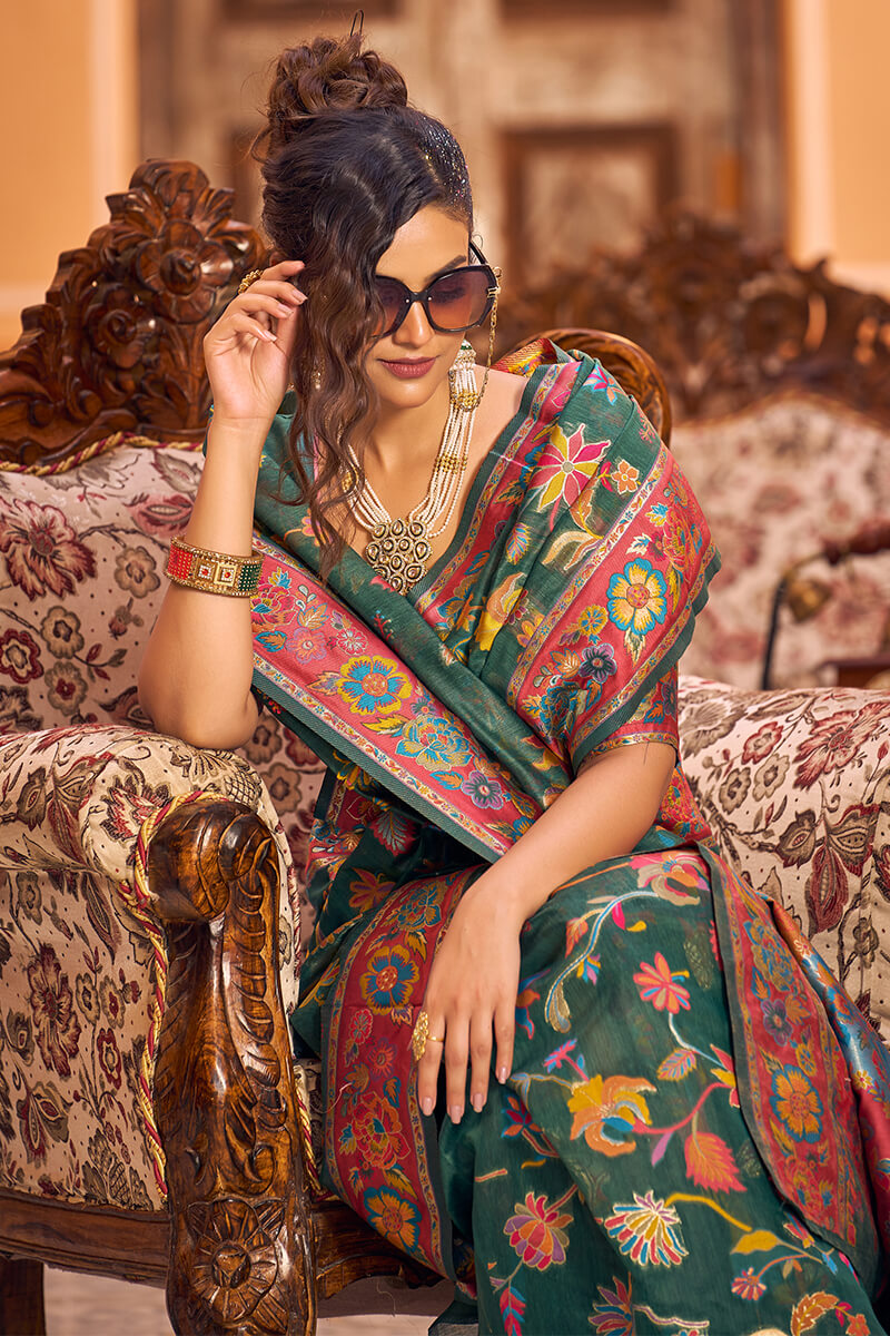 Amiable Dark Green Linen Silk Saree With Eloquence Blouse Piece