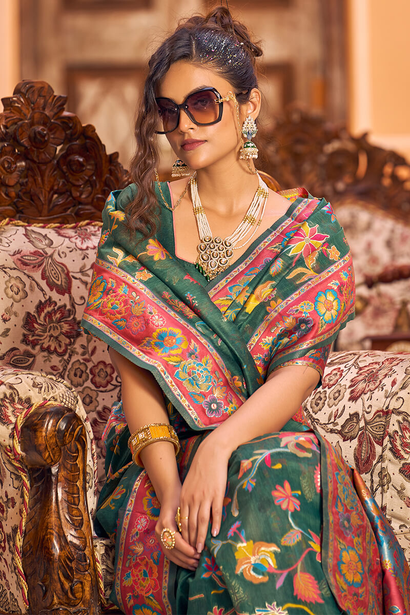 Amiable Dark Green Linen Silk Saree With Eloquence Blouse Piece