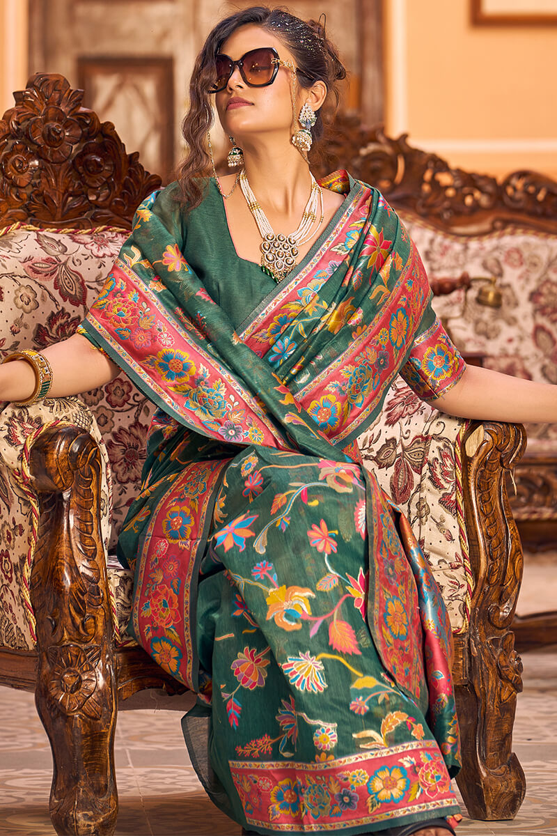 Amiable Dark Green Linen Silk Saree With Eloquence Blouse Piece