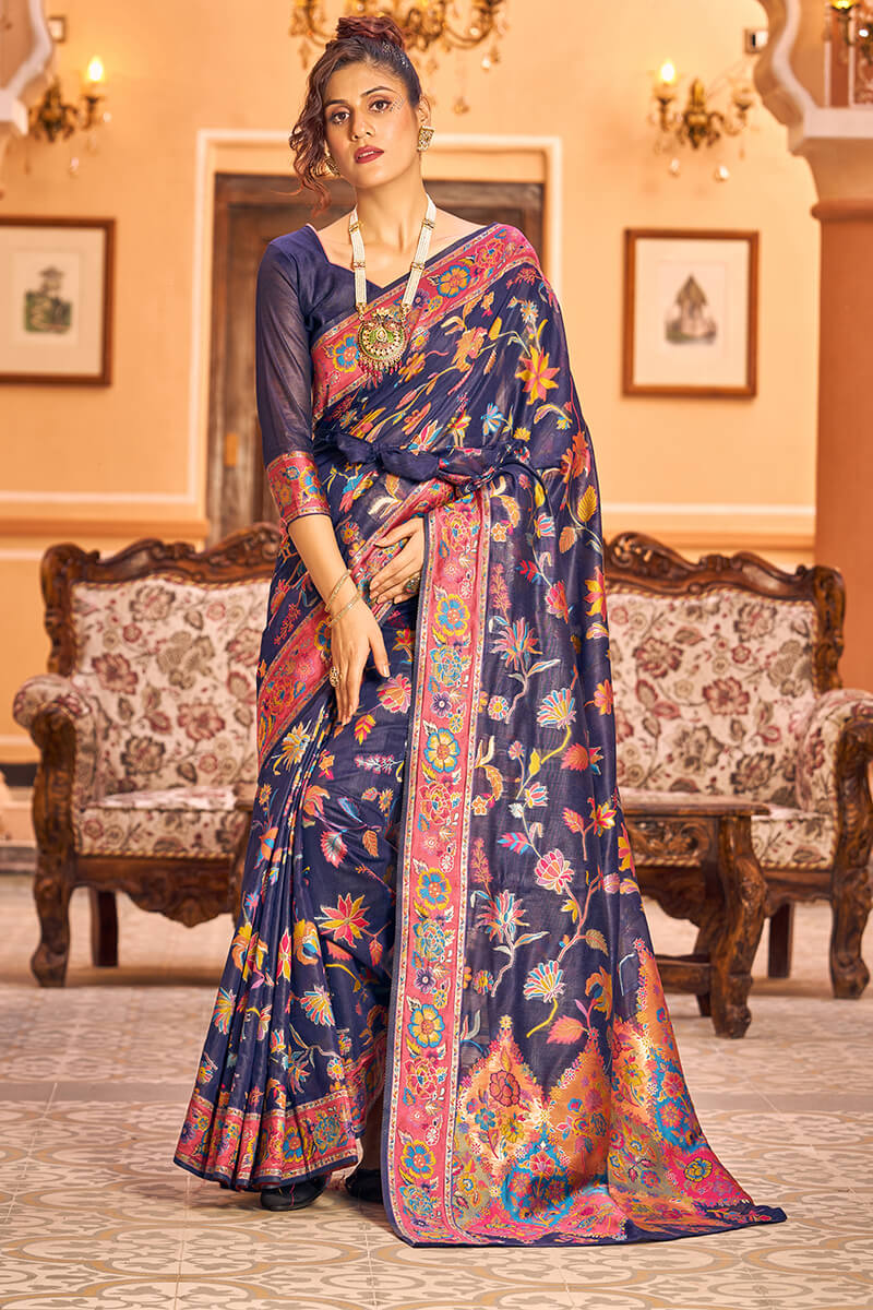 Incredible Navy Blue Linen Silk Saree With Elision Blouse Piece