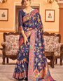 Incredible Navy Blue Linen Silk Saree With Elision Blouse Piece