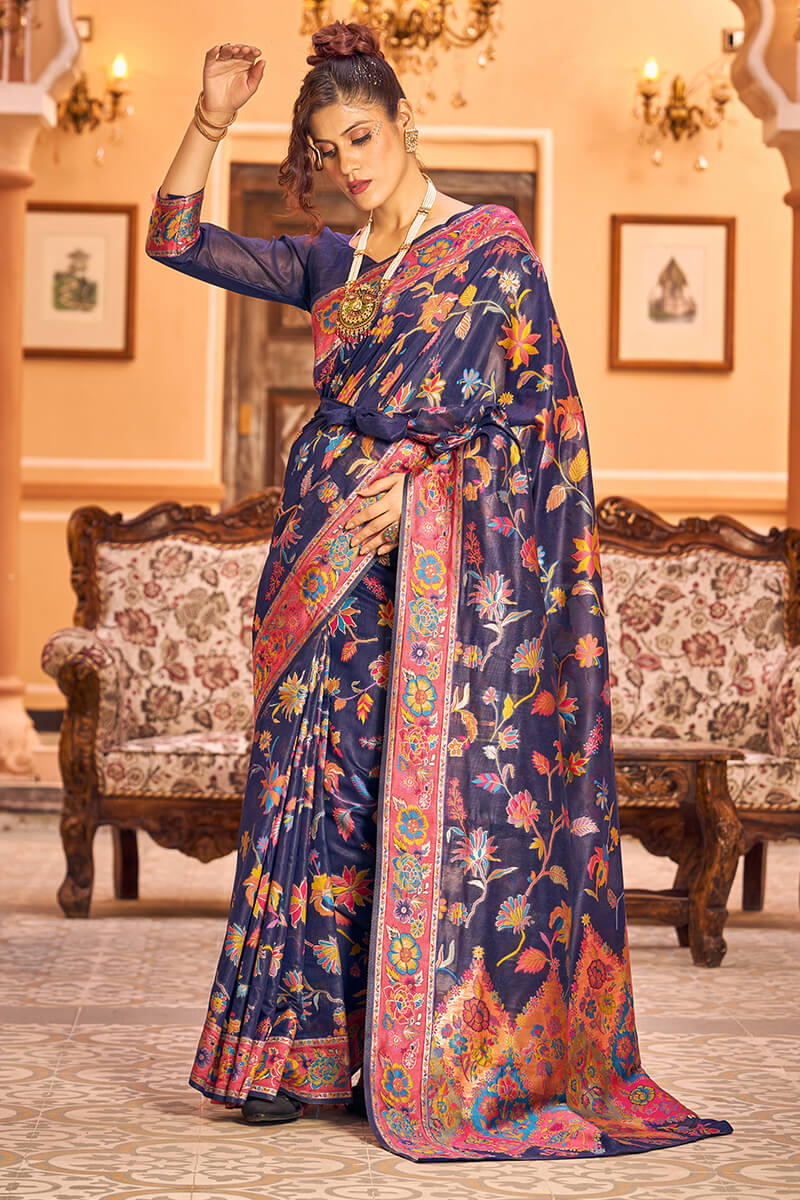 Incredible Navy Blue Linen Silk Saree With Elision Blouse Piece