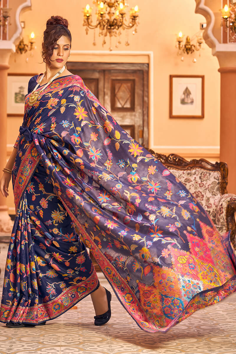 Incredible Navy Blue Linen Silk Saree With Elision Blouse Piece