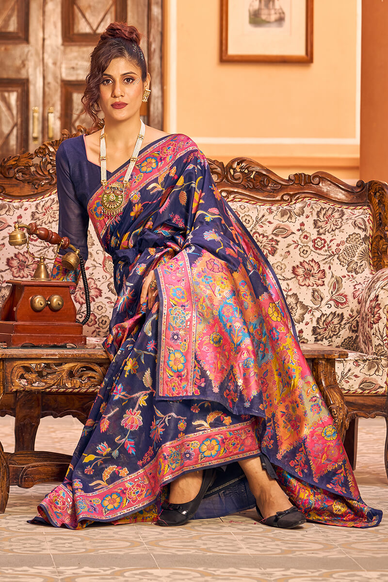 Incredible Navy Blue Linen Silk Saree With Elision Blouse Piece