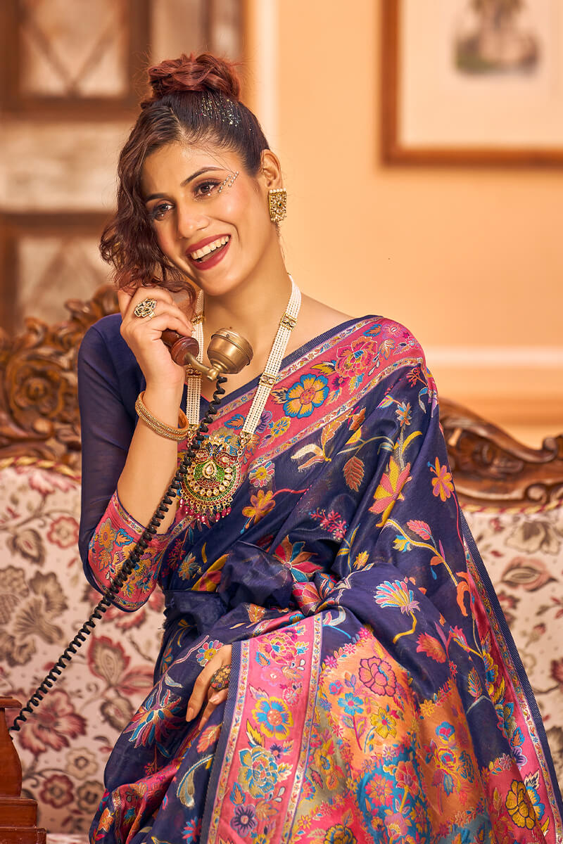 Incredible Navy Blue Linen Silk Saree With Elision Blouse Piece