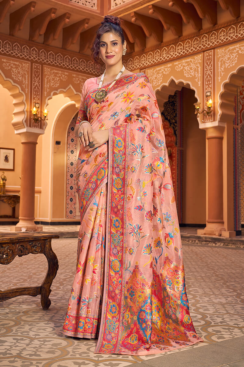 Excellent Peach Linen Silk Saree With Jubilant Blouse Piece