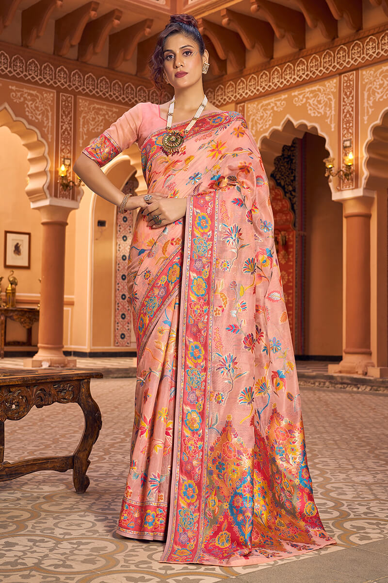 Excellent Peach Linen Silk Saree With Jubilant Blouse Piece