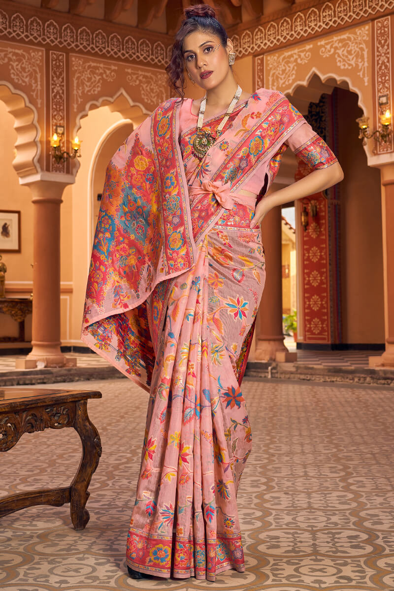 Excellent Peach Linen Silk Saree With Jubilant Blouse Piece