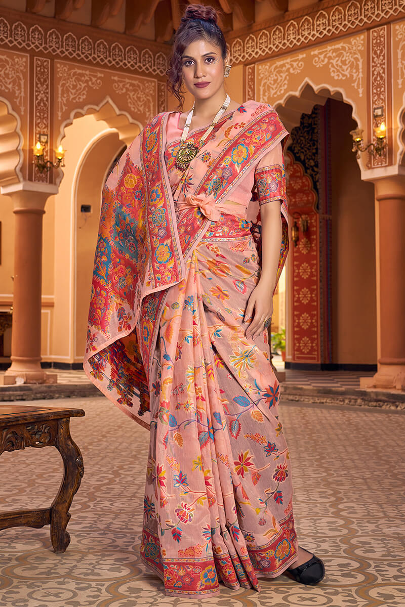 Excellent Peach Linen Silk Saree With Jubilant Blouse Piece