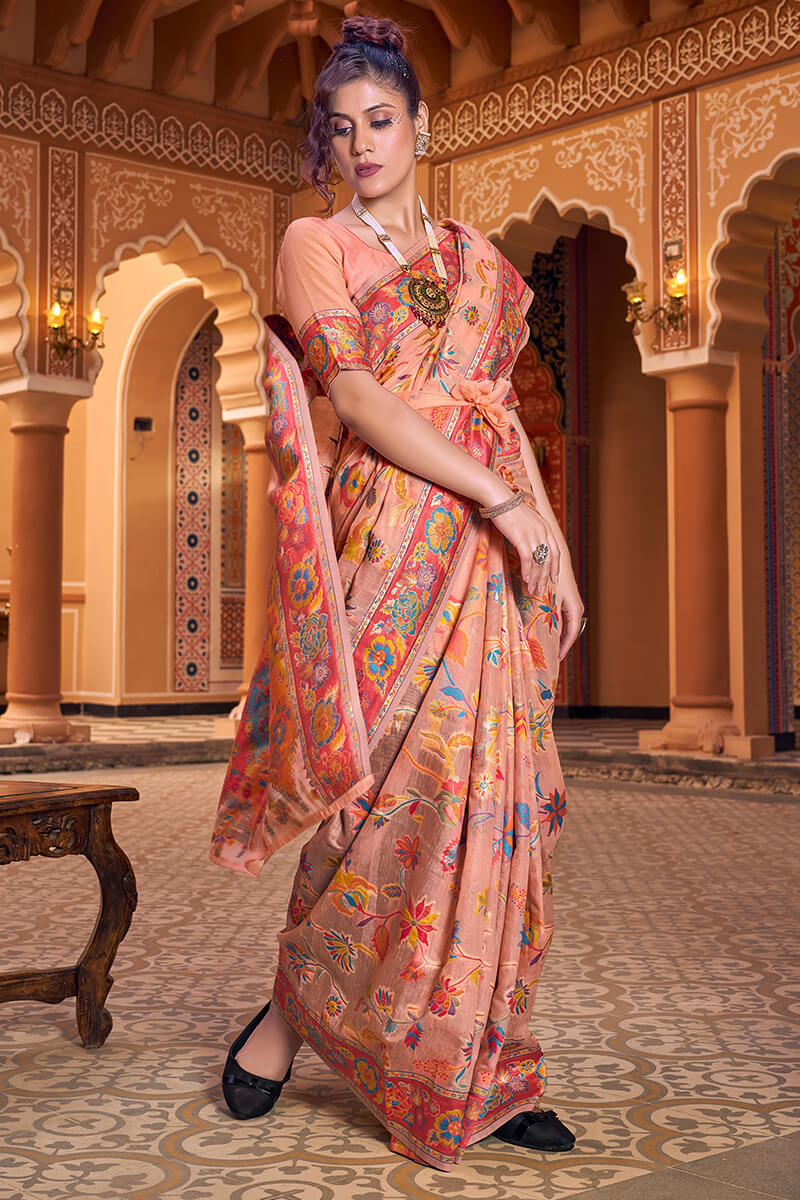 Excellent Peach Linen Silk Saree With Jubilant Blouse Piece