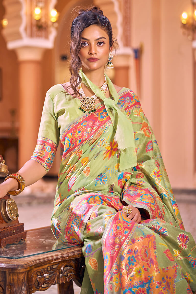 Divine Pista Linen Silk Saree With Majestic Blouse Piece