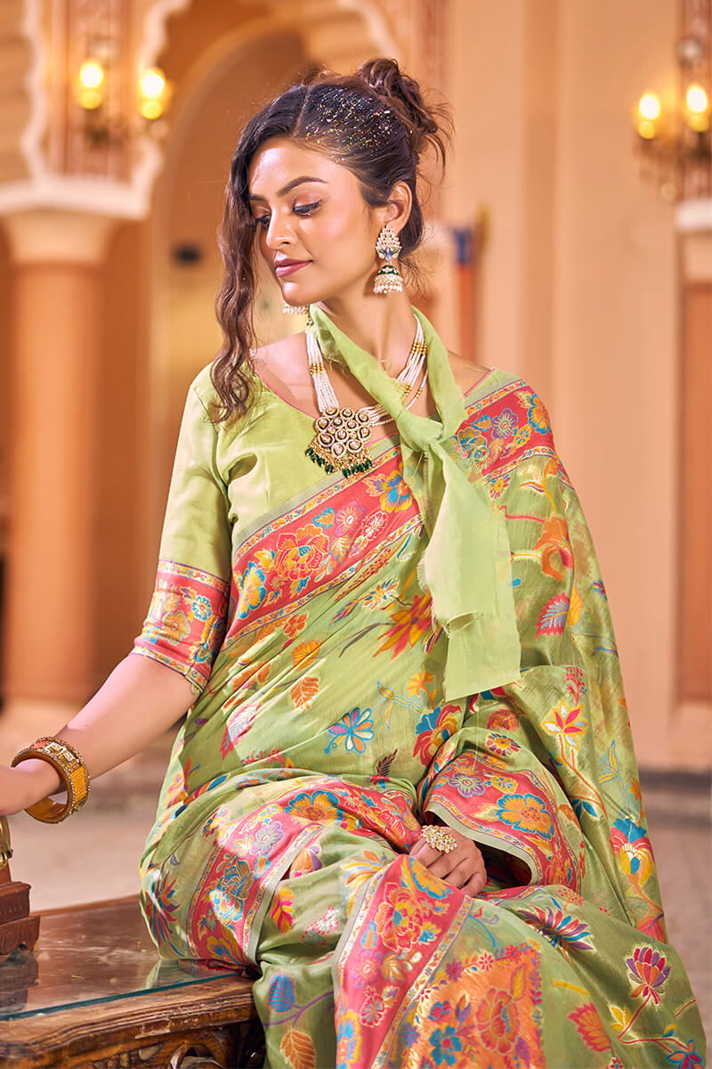 Divine Pista Linen Silk Saree With Majestic Blouse Piece