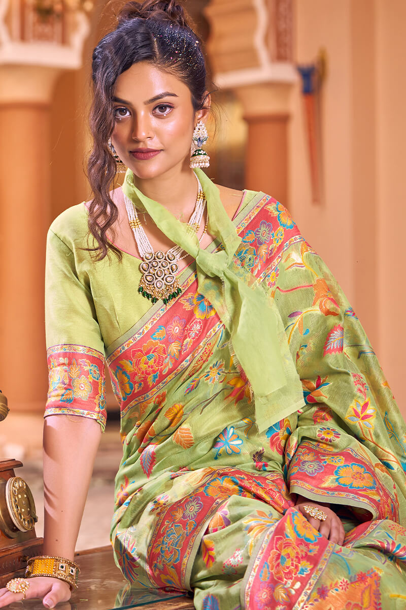 Divine Pista Linen Silk Saree With Majestic Blouse Piece