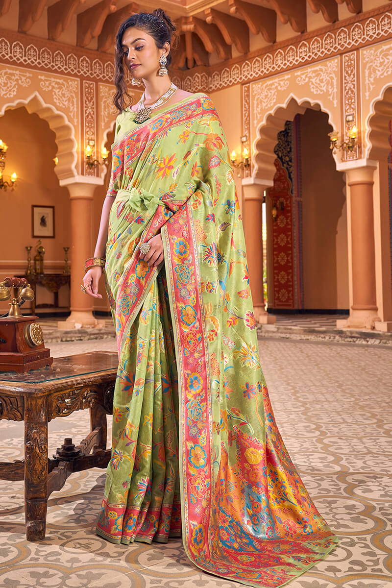 Divine Pista Linen Silk Saree With Majestic Blouse Piece