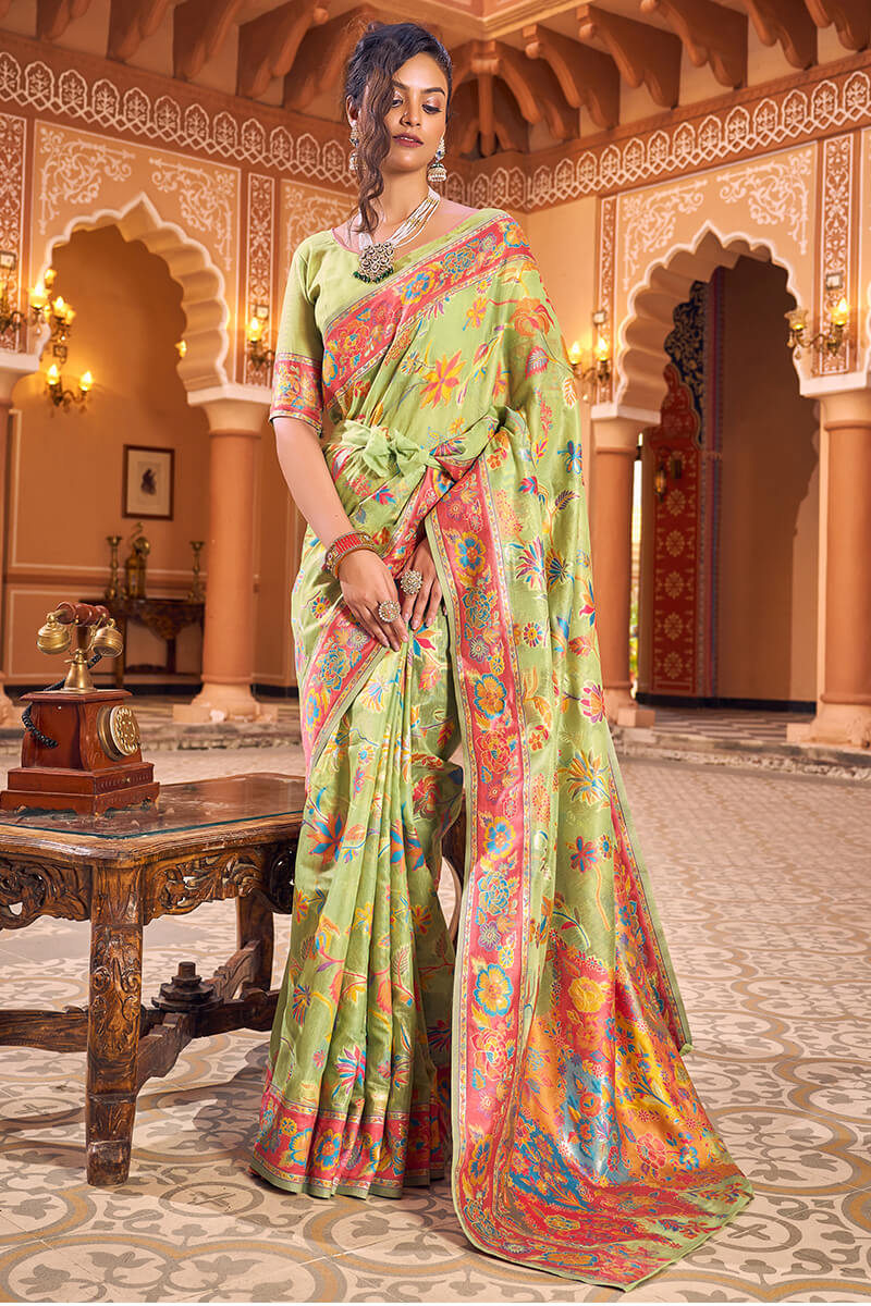 Divine Pista Linen Silk Saree With Majestic Blouse Piece