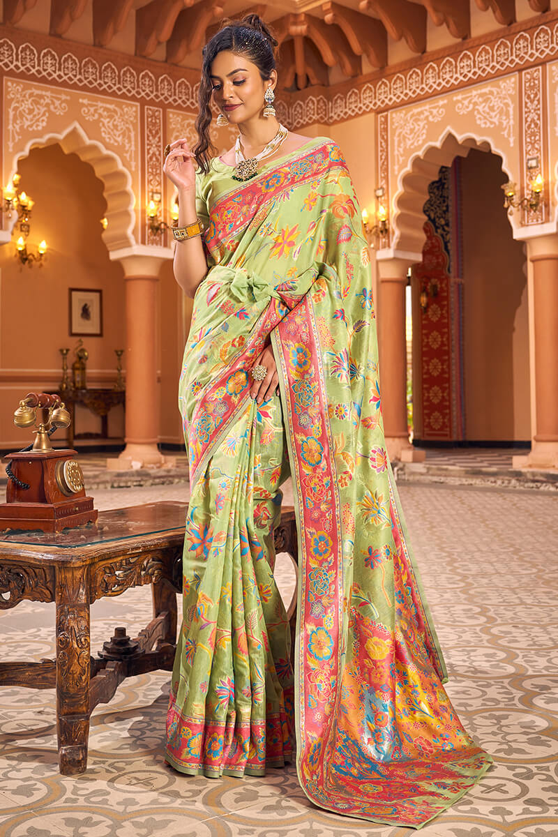 Divine Pista Linen Silk Saree With Majestic Blouse Piece